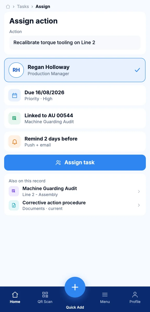The Teammate App mobile app showing assigning the action to a person