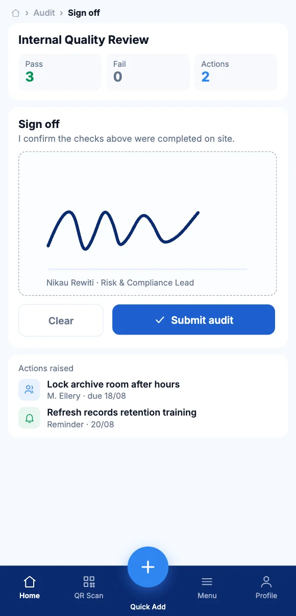 The Teammate App mobile app showing signing off a completed audit