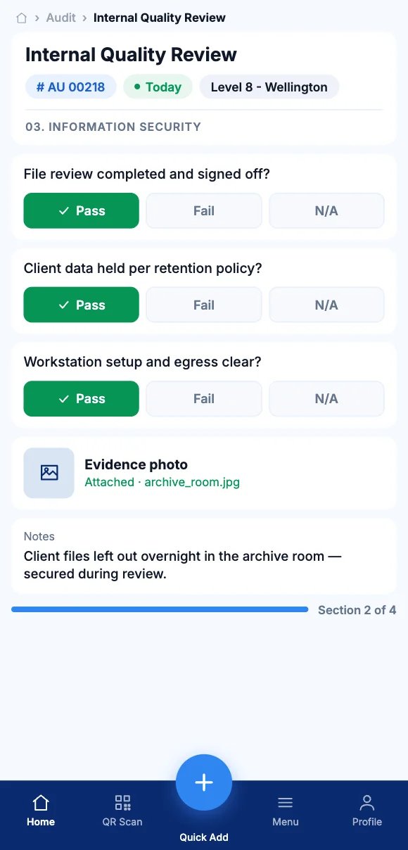 The Teammate App mobile app showing an audit with pass, fail and evidence