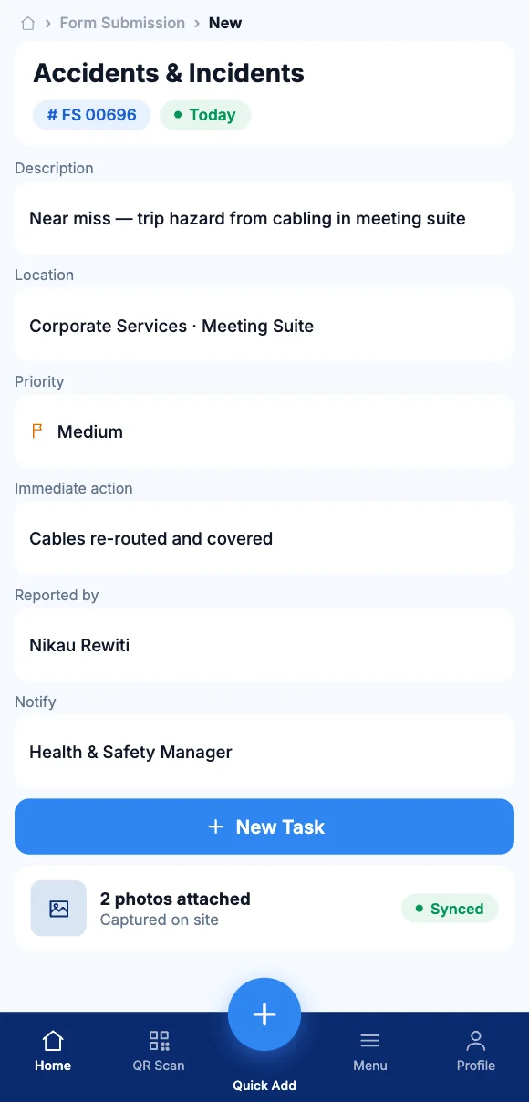 The Teammate App mobile app showing reporting a near miss