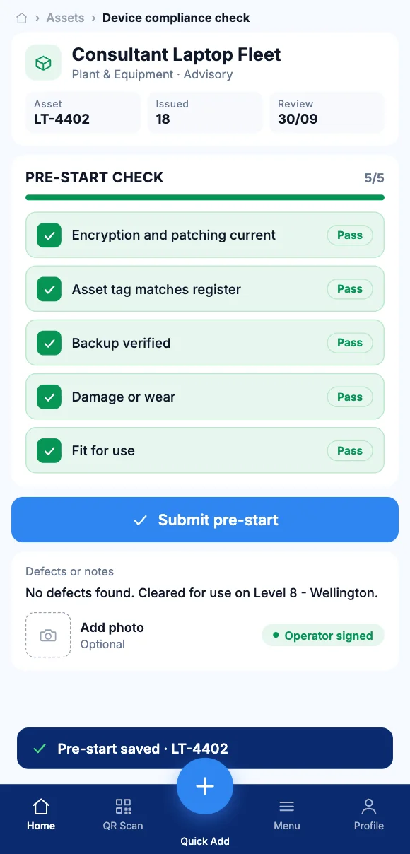 The Teammate App mobile app showing a five-point pre-start check