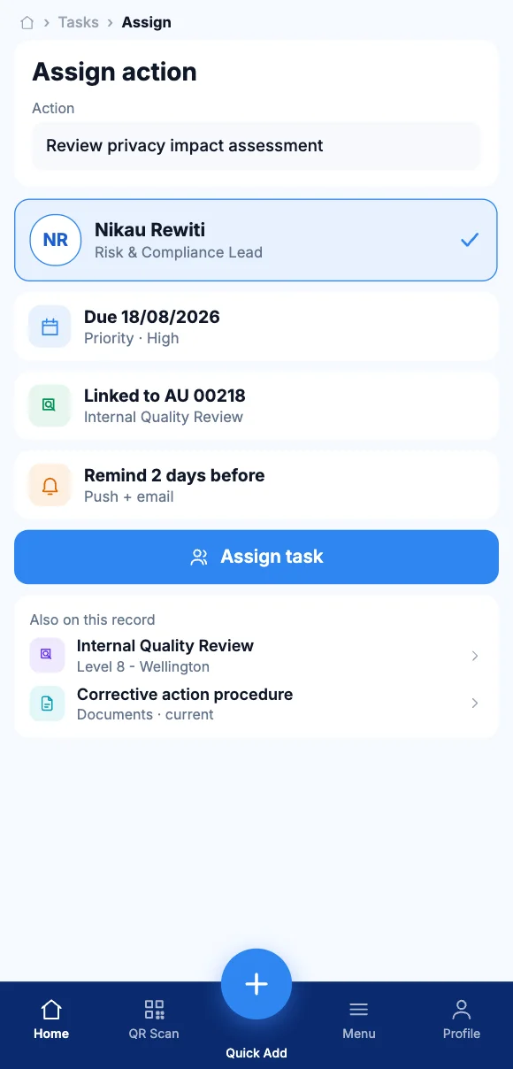 The Teammate App mobile app showing assigning the action to a person