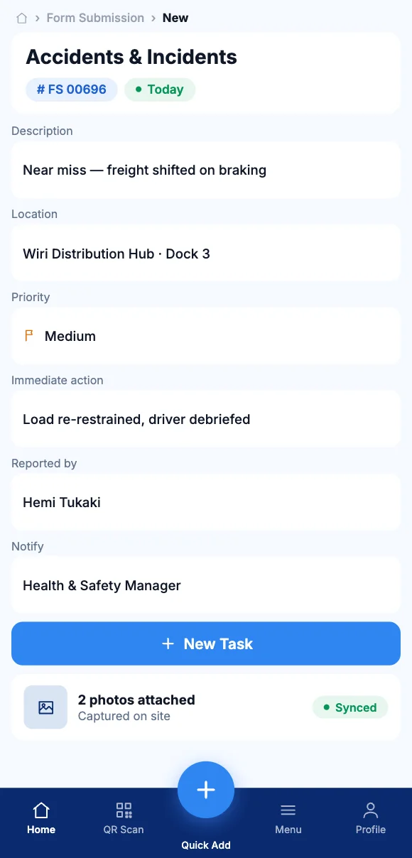 The Teammate App mobile app showing reporting a near miss