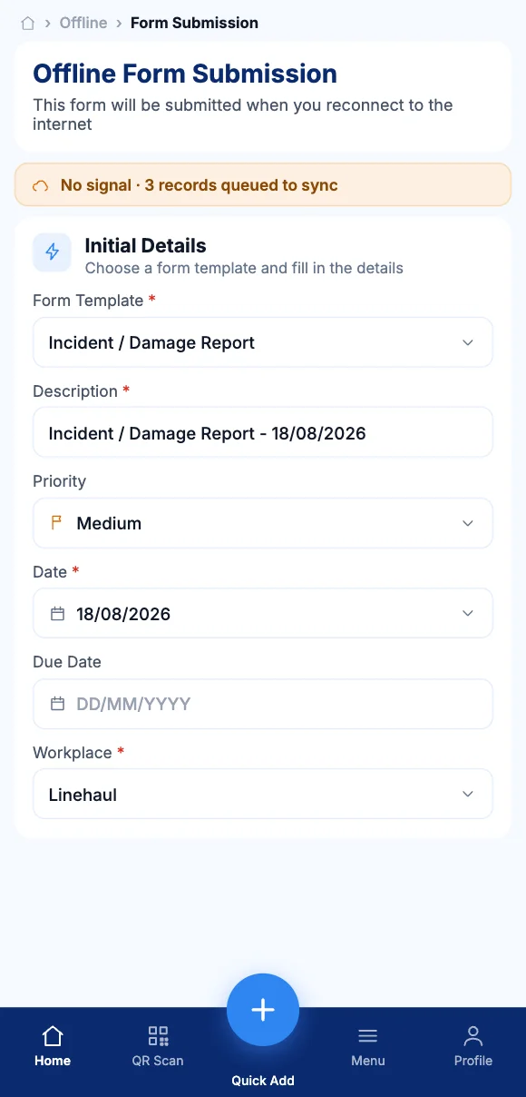 The Teammate App mobile app showing a form queued to sync with no signal