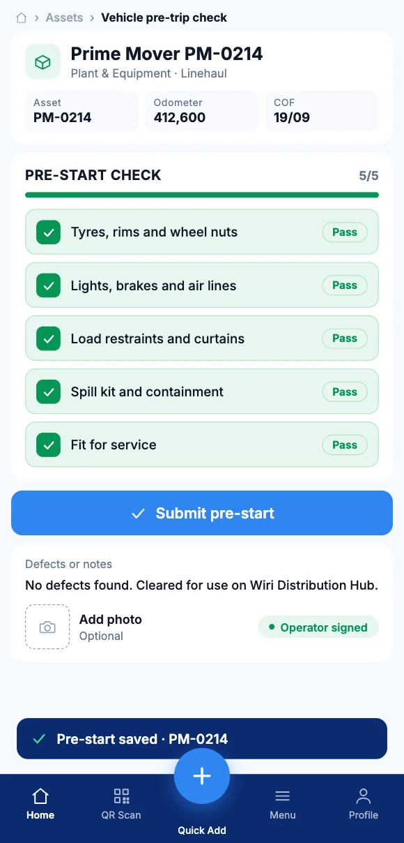 The Teammate App mobile app showing a five-point pre-start check