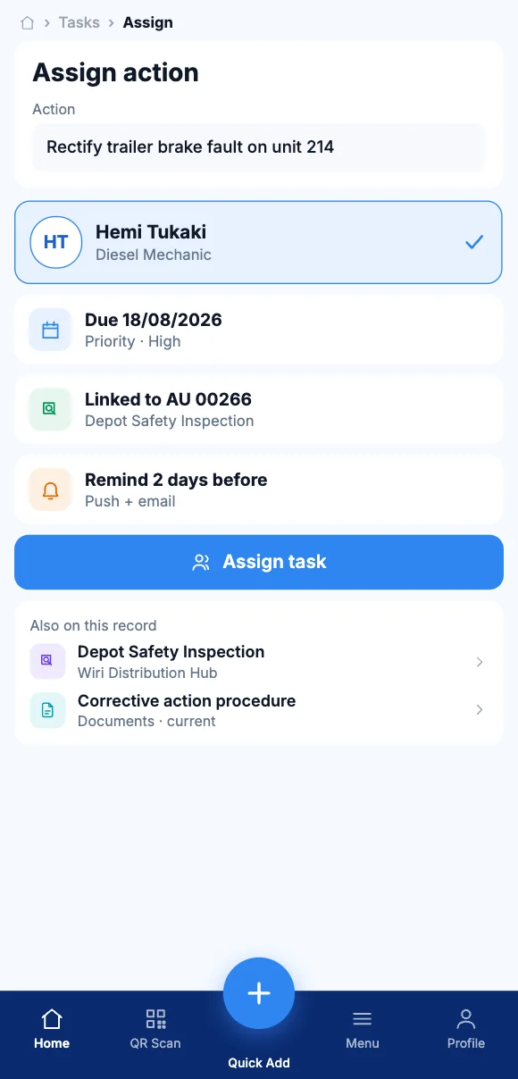 The Teammate App mobile app showing assigning the action to a person
