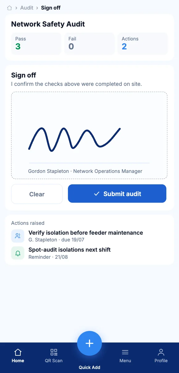 The Teammate App mobile app showing signing off a completed audit