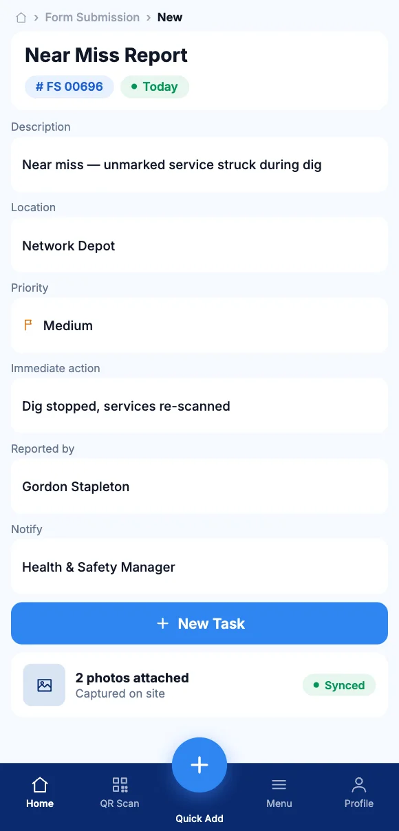 The Teammate App mobile app showing reporting a near miss