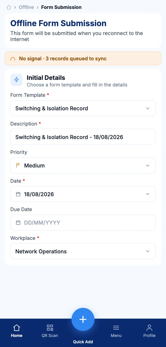 The Teammate App mobile app showing a form queued to sync with no signal