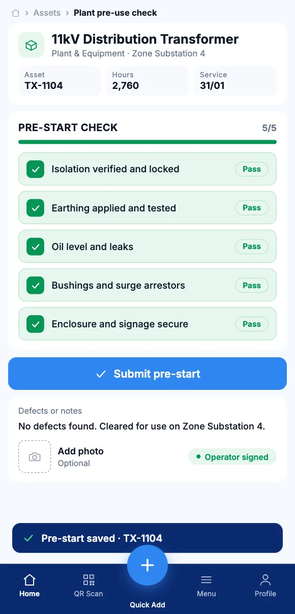 The Teammate App mobile app showing a five-point pre-start check