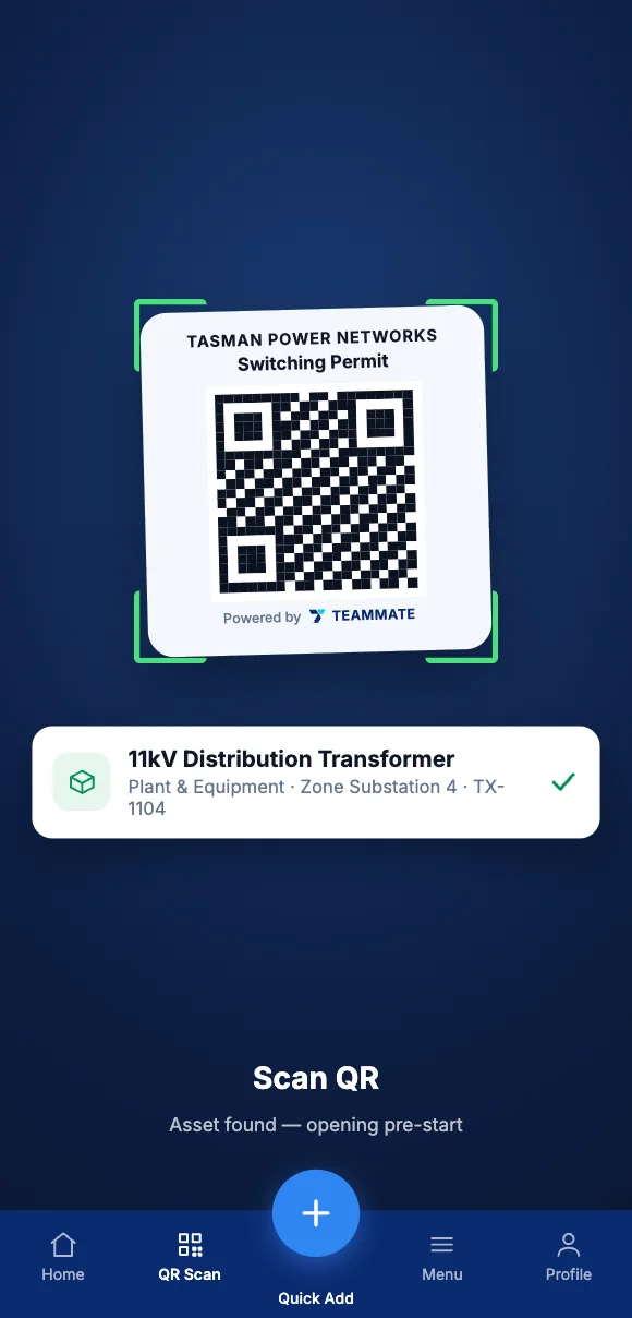 The Teammate App mobile app showing scanning an asset QR tag