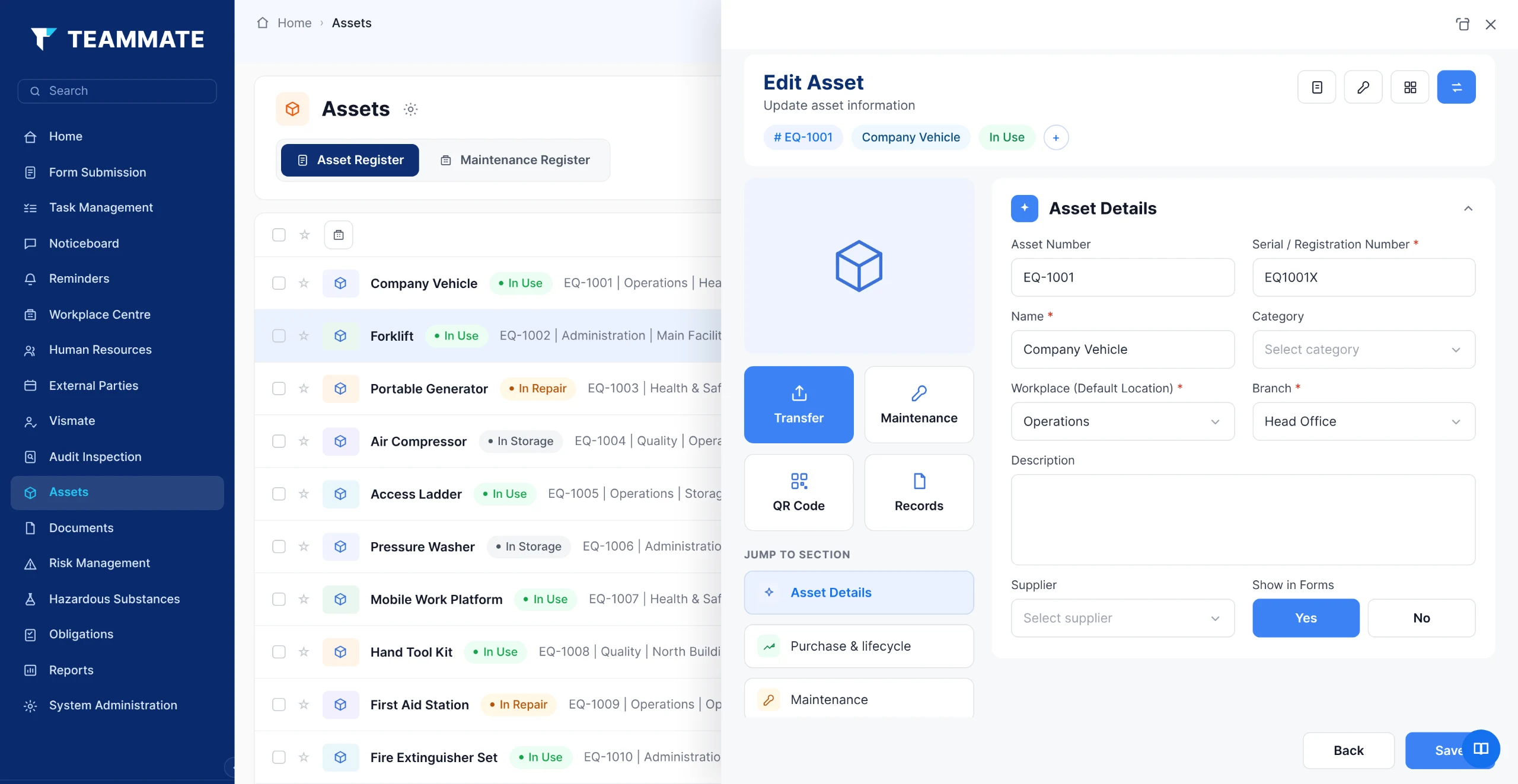 Asset register in Teammate App