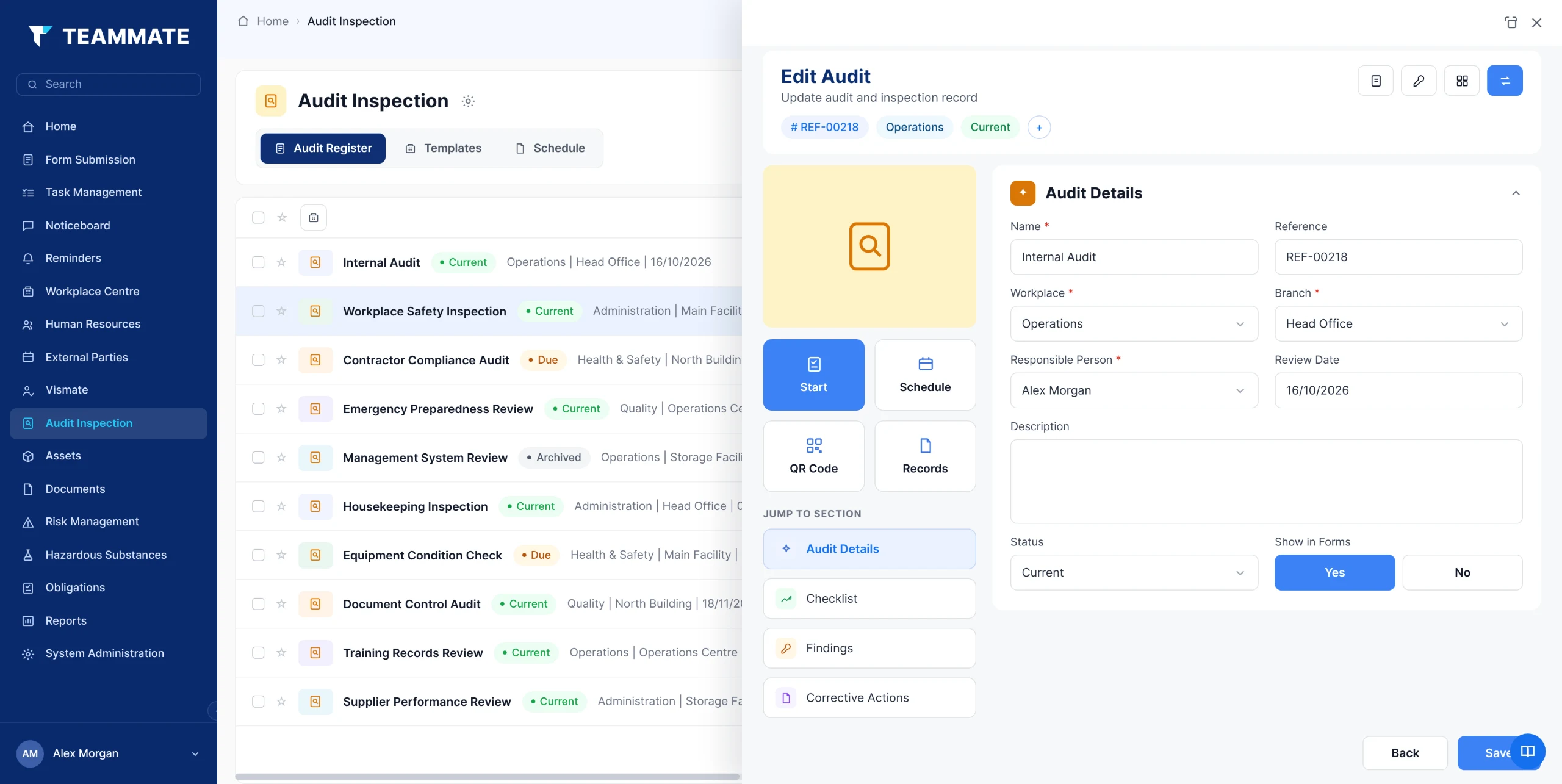 Audit inspection register in Teammate App