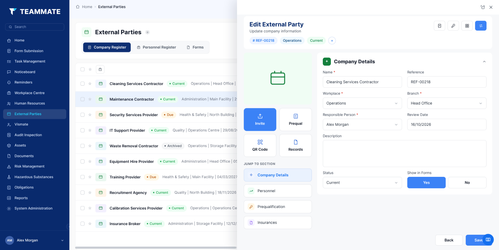Contractor and supplier register in Teammate App