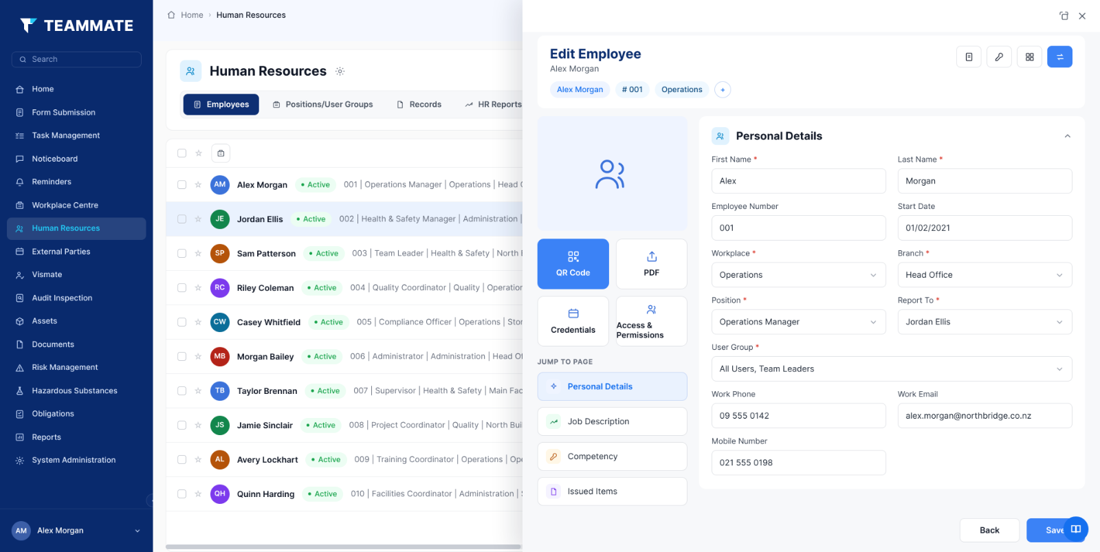 Competency matrix and HR records in Teammate App