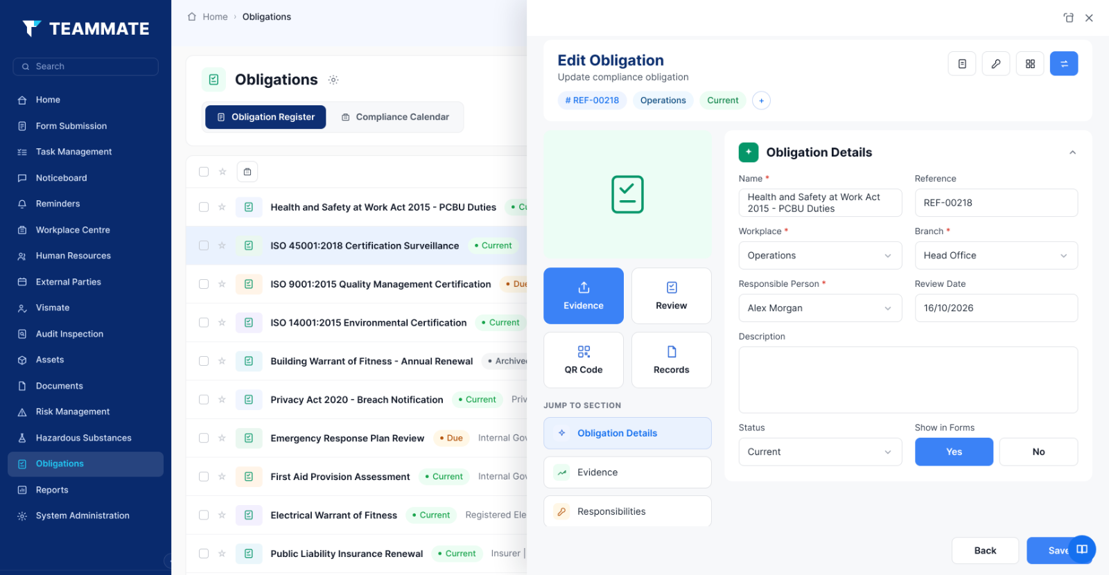 Compliance obligations register in Teammate App