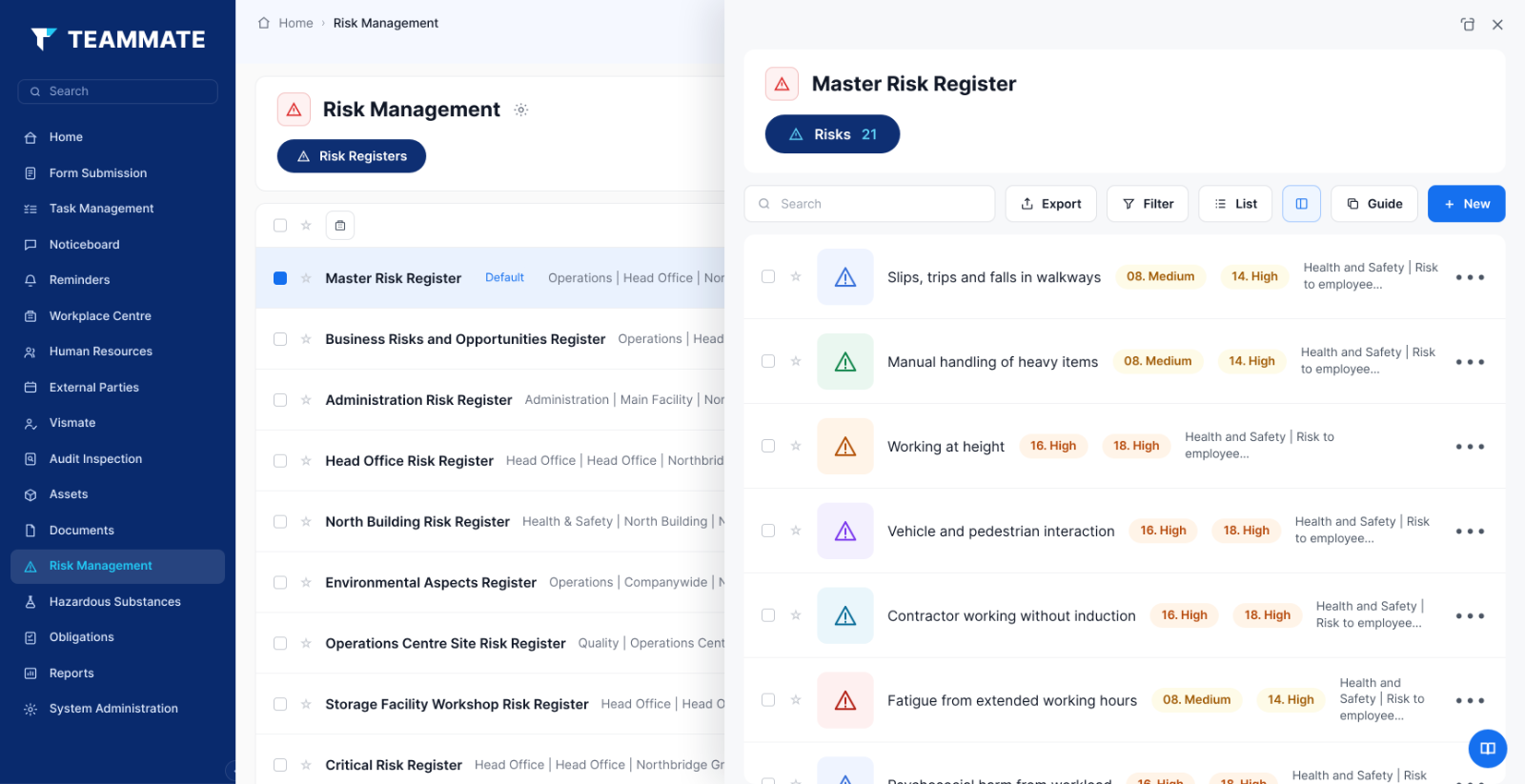 Risk register and hazard dashboard in Teammate App