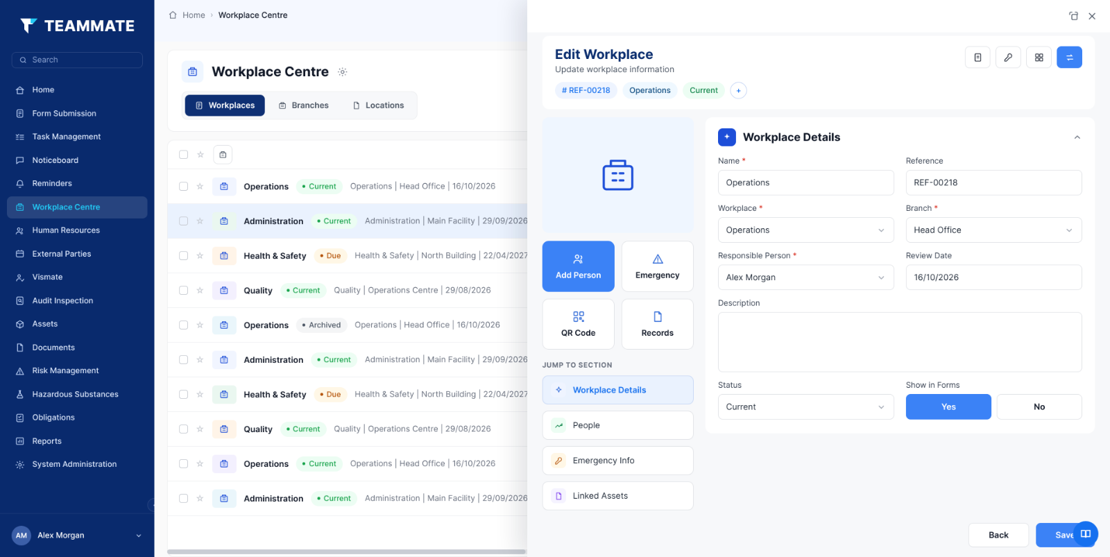 A workplace overview in Teammate App showing tasks, audits and assets by location